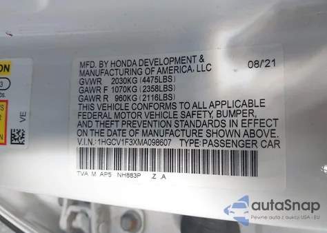 2021 Honda Accord Sport из США, поврежденный, VIN 1HGCV1F3XMA098607